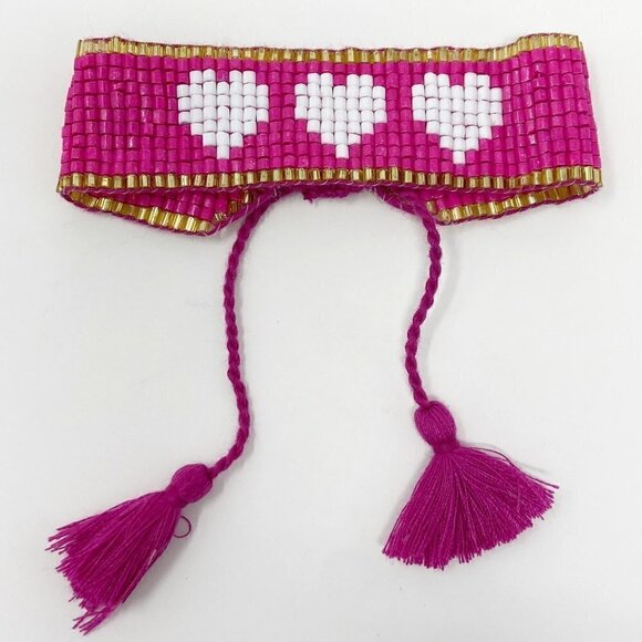 Hot Pink Seed Bead Adjustable Cinch Hearts Bracelet - Picture 2 of 7